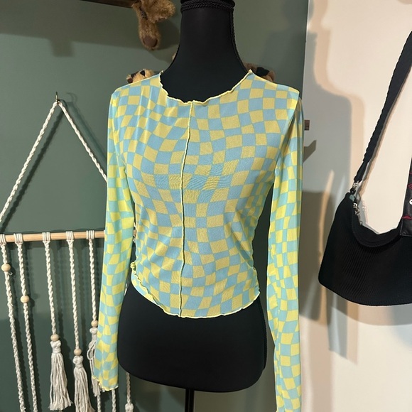 Forever 21 Tops - Forever 21 Sheer Yellow and Blue Checkered Retro Vibe Top Size Small